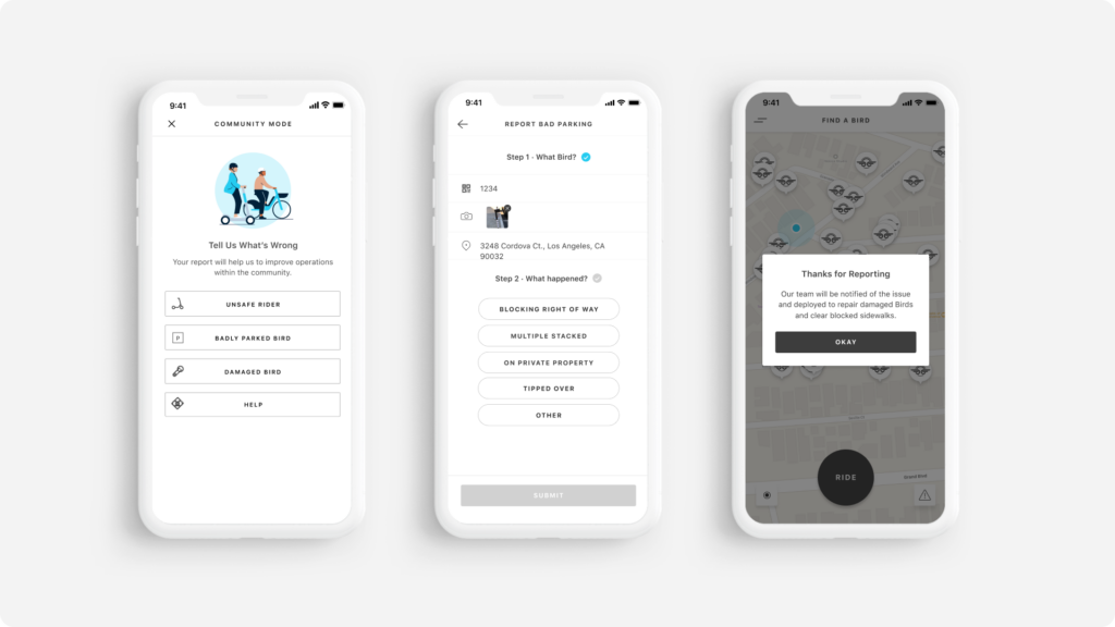 Decorative image showing three app screens of Bird's community mode feature